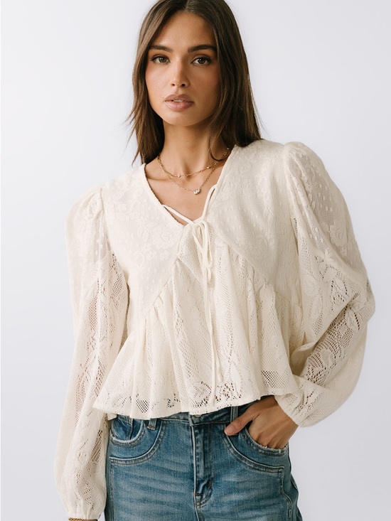 Aaron & Amber Tops - Aaron & Amber Lace Tie-Front Peasant Blouse Size L NWT